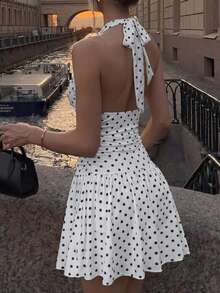 Avenya Vintage Deep V Neck White And Black Polka Dot Halter Neck Sexy Elegant Double Layer Ruffle Women's Mini Dress Waist Cinched Pleated Puff Short Dress - Multicolor - View 8