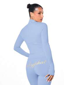 BABYPHAT High Neck Long Sleeve Jersey Zip-Up Top With Gold Glitter Script Logo Print - Baby Blue - View 2