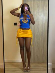 SHEIN Unity 2pcs/Set Women's Fashionable Golden Yellow Contrast Color Tank Top And Mini Skirt Back-To-School Student Summer Y2k - Multicolor - View 6