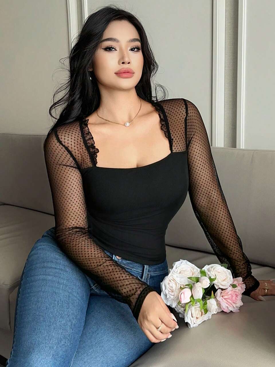 Dazy Plus Contrast Mesh Long Sleeve Sexy Bodycon Sexy Hot Girl Top Spring Summer Autumn New Black T-Shirt