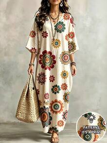 Glimmora 女款黑白波點長洋裝，V領刺繡蝙蝠袖寬鬆版型大碼長裙，飄逸沙灘洋裝，休閒度假風，夏季慵懶度假感 - 彩色 - 查看 1
