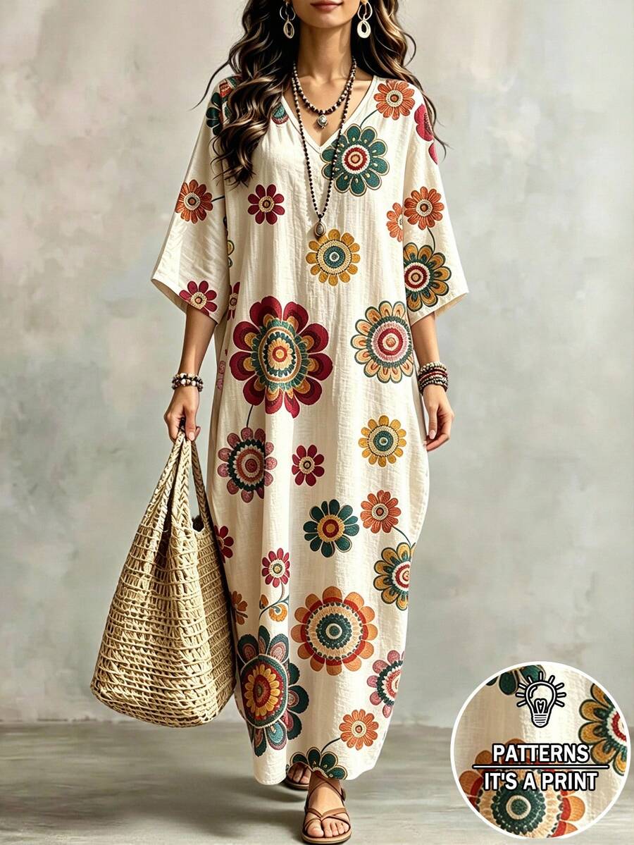 Glimmora 女款黑白波點長洋裝,V領刺繡蝙蝠袖寬鬆版型大碼長裙,飄逸沙灘洋裝,休閒度假風,夏季慵懶度假感 - 彩色 - 查看 1