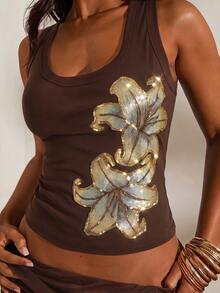 Opulessa Spring/Summer Vacation Solid Color Knit Fitted Women's Tank Top - Brown - View 8