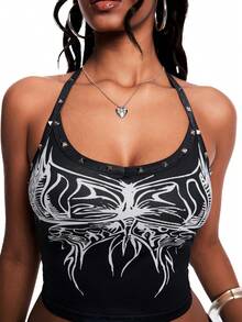 INAWLY Solva Summer Fashion Studded Butterfly Print Cropped Backless Halter Top - Black - View 5