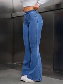 SHEIN Tall 女款純色口袋休閒百搭喇叭褲牛仔褲，適合高個女性 - 中等水洗藍 - 查看 5