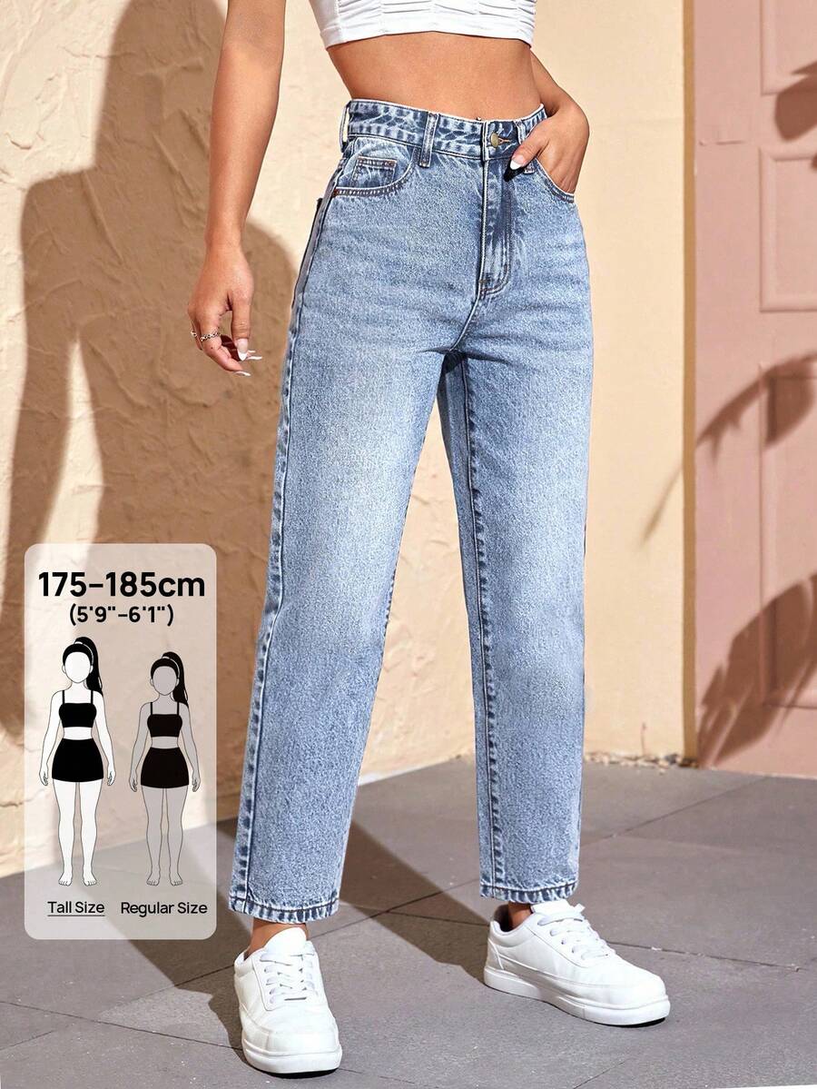 SHEIN Tall 女款高腰時尚百搭休閒牛仔褲,附口袋,適合高個女性 - 淺色水洗藍 - 查看 1