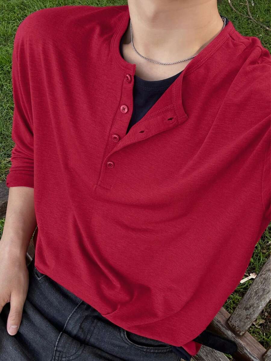 DAZY Men's Long Sleeve Burgundy Crew Neck Half-Placket Solid Color T-Shirt - Burgundy - View 1