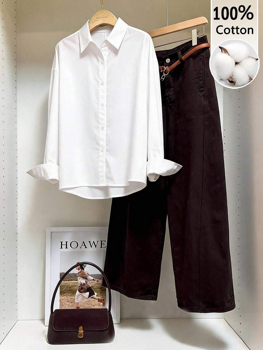Tseoso Minimalist Solid Color Single-Breasted Long Sleeve Shirt And Loose Long Pants Casual Set - Black - View 1