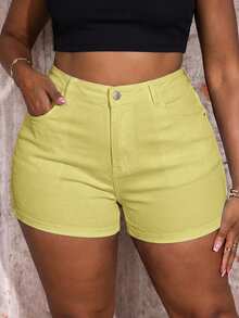 Slaydiva Plus Size Women'S Pocket Button Casual Versatile Daily Travel Denim Shorts Vacation Outfits - Yellow - View 5