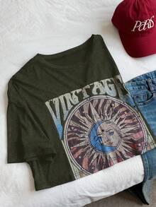Comfortcana Camiseta holgada de talla grande con estampado de sol en verde, primavera/verano - Verde militar - Ver 6