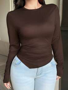 Dazy Plus Kaos Lengan Panjang Warna Polos, Pas Badan, Desain Asimetris, Slim Warna Cokelat untuk Musim Semi, Musim Panas, dan Musim Gugur - Coklat - View 5