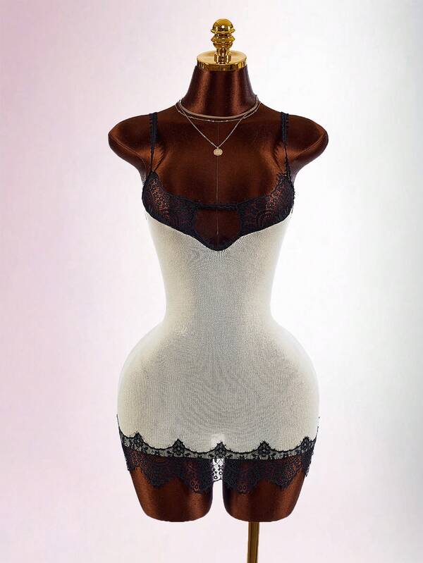 Amplova Vestido de punto con patchwork de encaje para mujer, estilo sexy con espalda descubierta, adecuado para uso en boudoir, sexy