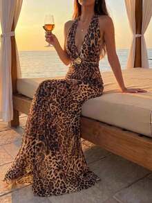 Lumalex Women's Sexy Wrap Dark Brown Backless Halter Neck Dress For Summer Day Party Vacation - Multicolor - View 5