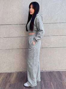 Hitanina 女款春季時尚粉色前拉鍊連帽衛衣與長褲兩件套 優雅 - 灰色 - 查看 4