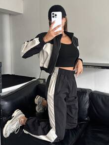 Dazy Tall Women's Colorblock Patchwork Short Jacket And Loose Long Pants Street Casual 2 Pieces Set Fall - Black - View 13