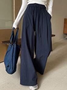Dazy Tall Celana Panjang Kasual Wanita dengan Pinggang Elastis, Longgar, dan Lebar untuk Musim Gugur - Navy Blue - View 7