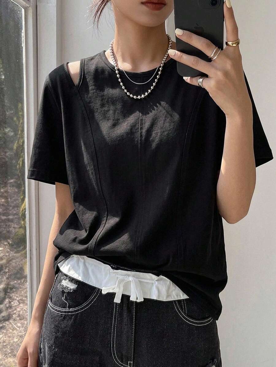 FRIFUL Women's Summer Spring Solid Color Slim Fit Flattering Versatile Short Sleeve T-Shirt - Black - View 1