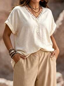 Linhara CURVE Plus Size Women's Solid Color Contrast Lace Trim Short Sleeve Blouse, Summer Casual Loose Fit Shirt - Apricot - View 3