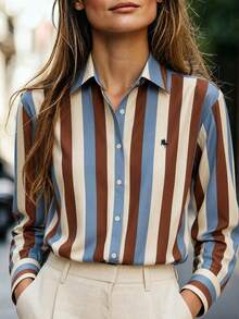 SHEIN Franclia Women's Casual Colorblock Striped Long Sleeve Shirt - Multicolor - View 4