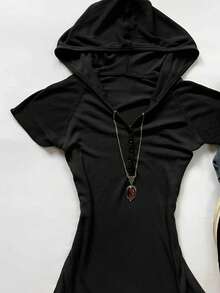 IslaSuriya Kaos Lengan Pendek Kerah Henley Retro Y2K untuk Wanita, Musim Panas - Hitam - View 3
