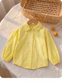 SHEIN Blouse à manches longues jaune décontractée pour jeune fille avec imprimé citron et rayures verticales, chemise élégante et confortable, accessoires jaunes pour fille - Jaune citron - Voir 6