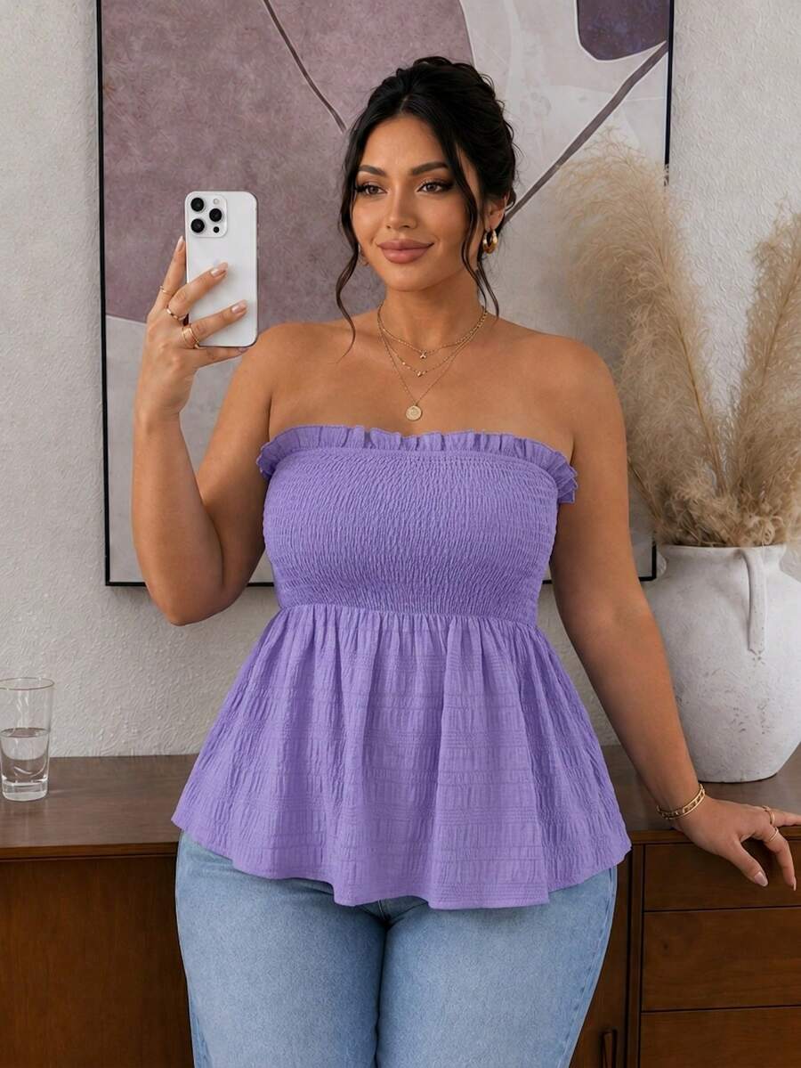 SHEIN Frenchy 大尺碼女款純色抹胸上衣休閒度假上衣 - 淡紫色 - 查看 1