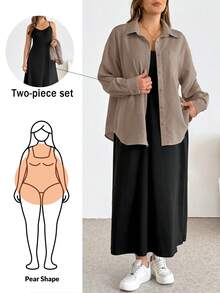 SHEIN Essnce 大尺碼女款純色長袖單排扣襯衫與洋裝休閒兩件套 - 棕色 - 查看 2
