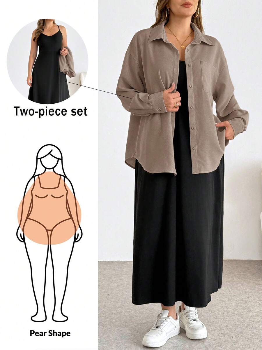 SHEIN Essnce 大尺碼女款純色長袖單排扣襯衫與洋裝休閒兩件套