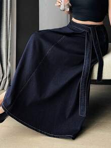 Dazy Plus Women's Plus Size Long Casual Denim Skirt With Belt Splicing Tie Design, Dark Wash Blue, Autumn New Arrival - Dark Wash - View 4