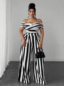 Maweii Plus Size Women's Off-Shoulder Striped Patchwork Casual Daily Jumpsuit - Black and White - View 3