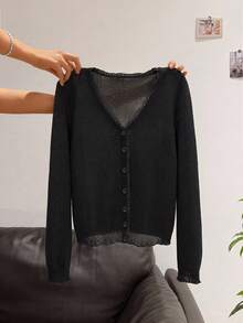 SHEIN LUNE 女款休閒夏季度假通勤日常基礎時尚外套 秋冬長袖對比蕾絲貝殼飾邊開襟衫 - 黑色 - 查看 6