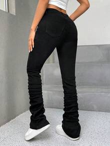SHEIN PETITE Jeans de bolsillo inclinado apilados de unicolor, para mujeres petite - Negro - View 3
