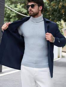 Manfinity Mode Men's Solid Color Single-Breasted Fashion Versatile Daily Casual Trench Coat Jacket - Navy Blue - View 8