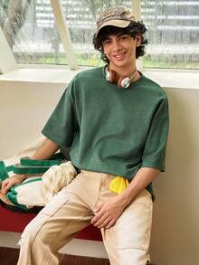 Men's Letter Print Casual Round Neck Short Sleeve T-Shirt, Suitable For Daily Wear, Spring/Summer - Green - View 1