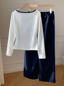 Comfortcana 女款馬術刺繡鈕扣半開襟長袖上衣與長褲休閒兩件套 - 彩色 - 查看 2