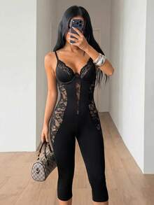 SHEIN ICON Women's Lace Patchwork Sexy Bandage Fitted Camisole Jumpsuit Club Night Out Black Summer Halloween - Black - View 1