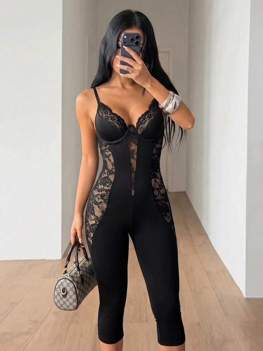 SHEIN ICON Women's Lace Patchwork Sexy Bandage Fitted Camisole Jumpsuit Club Night Out Black Summer Halloween - Black - View 1
