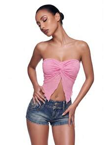 SHEIN ICON Spring  Twist Front Split Hem Tube Pink Top - Pink - View 7