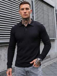 Manfinity CasualCool 男士休閒百搭純色長袖 Polo 衫 - 黑色 - 查看 6
