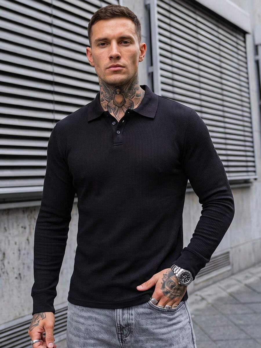Manfinity CasualCool Men's Casual Versatile Solid Color Long Sleeve Polo Shirt - Black - View 1