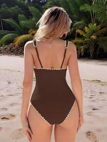 Swim Mod Traje de baño de una pieza de unicolor y elegante con acanalado, atuendo de playa para el verano - Marrón - Ver 2