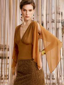Arave Women's Top Slim Fit Chiffon Patchwork V-Neck Ruched Flowy Split Wide Sleeves Elegant Mature Camel Solid Blouses Brunch Tea Party Summer - Brown - View 7