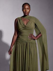 Elitara Olive Green Fall Elegant Classy Evening Formal Party High-Stretch Knit Mesh Plunging Neck Twist Ruffle Bridesmaid Dresses Women Gala Wedding Guest - Army Green - View 1