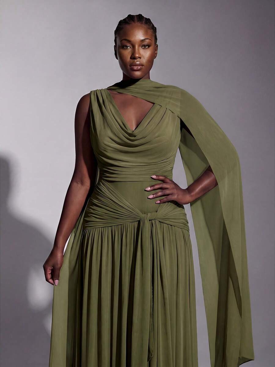 Elitara Olive Green Fall Elegant Classy Evening Formal Party High-Stretch Knit Mesh Plunging Neck Twist Ruffle Bridesmaid Dresses Women Gala Wedding Guest - Army Green - View 1