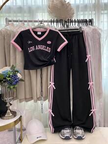 2件組女孩印花短袖T恤與長褲套裝，粉色蝴蝶結緞帶裝飾，適合春夏運動、通勤、休閒穿著 - 黑色 - 查看 2