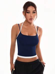 SHEIN Velisys 2件組運動背心，對比色設計，基礎款，藍色＋灰色，健身/瑜珈適用 - 彩色 - 查看 4
