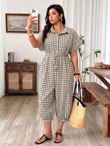 Weeklong Plus Size Casual Loose Plaid Jumpsuit For Vacation - Multicolor - View 7