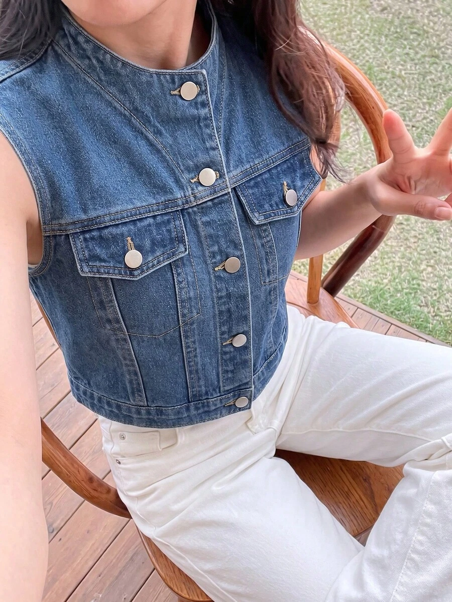 SHEIN Teen Girls Fashion Distressed Denim Jacket, Casual Versatile Denim Jacket Denim Vest, Suitable For School, Campus, University, Daily, Party, Travel, Airport Wear, Suitable For Spring And Summer.
