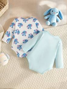SHEIN 2pcs/Set Baby Boy Cute Rabbit Print Long Sleeve Bodysuit, White Light Blue Color, Spring/Autumn Crawl Suit, Matching Parent-Child Style, Soft Fabric - Blue - View 3