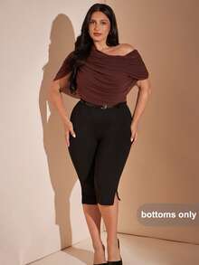 SHEIN BAE CURVE 大尺碼女款緊身 7/8 側開衩腰帶時尚修身街頭風內搭褲 - 黑色 - View 4